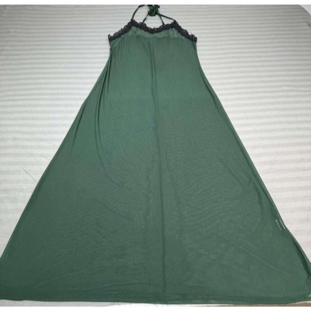 Sheer Lace Trim Nightgown Slip Dress Womens Large Green Halter Mesh Lingerie